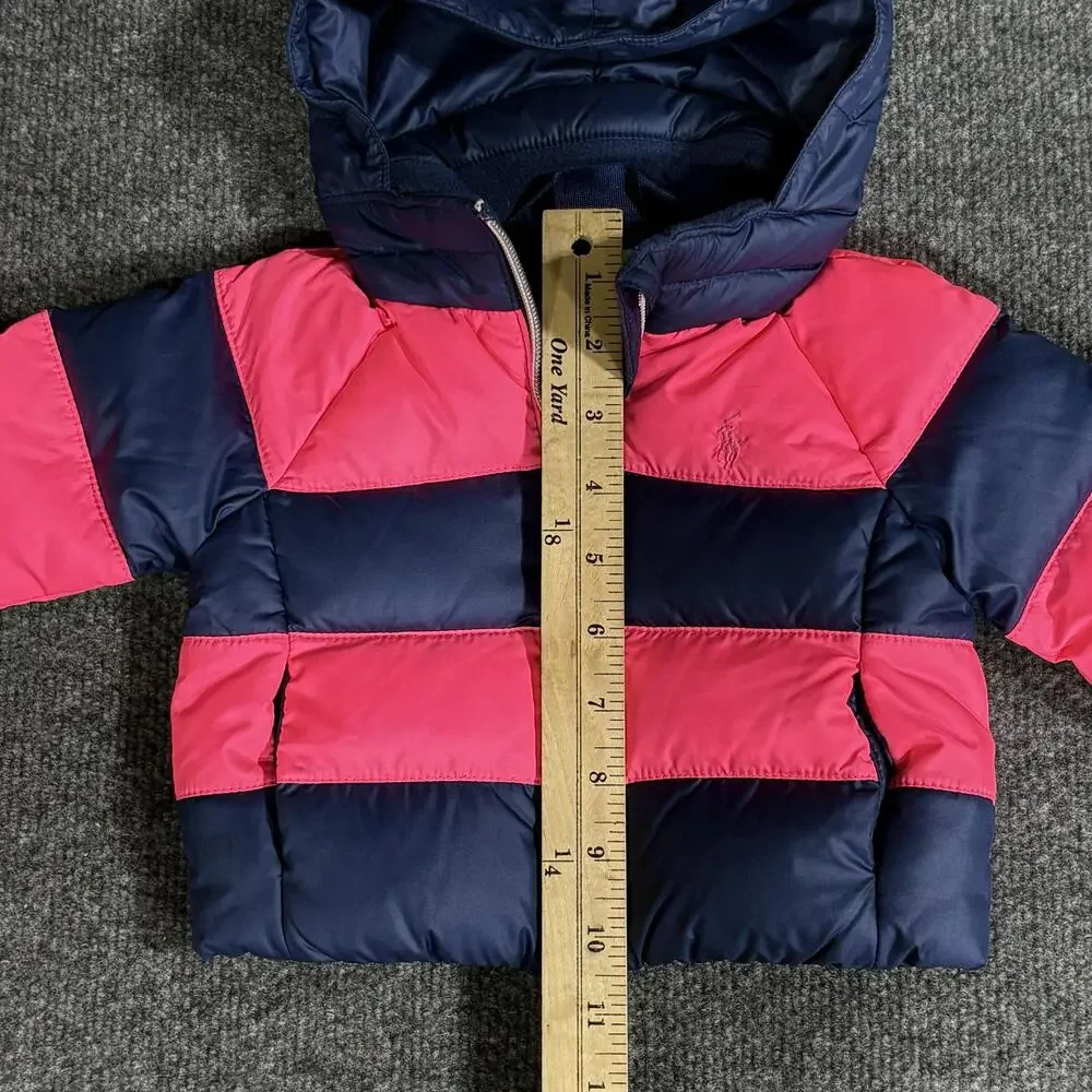 Ralph Lauren Jacket Infant Girls 3M Pink Navy Striped Hooded Down Puffer Winter